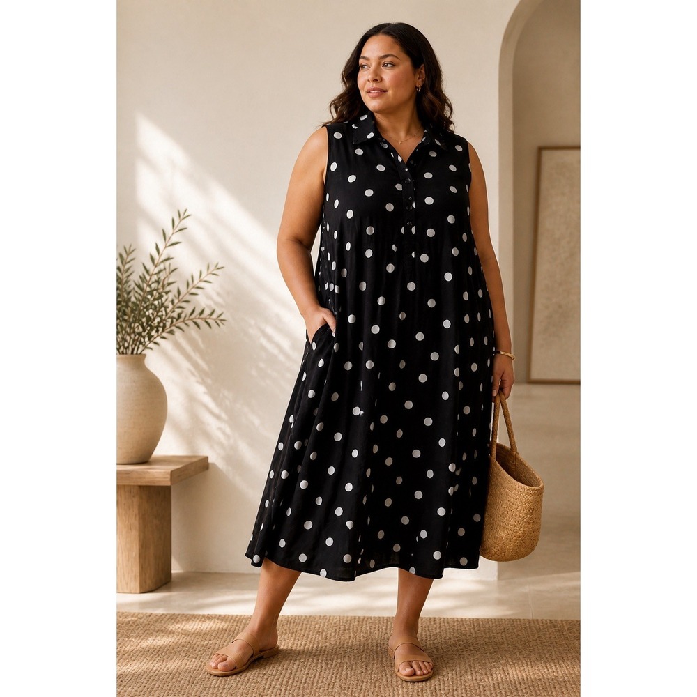 Philosophy Polka Dot Swing Dress 2X Black White Sleeveless Collared Button Front